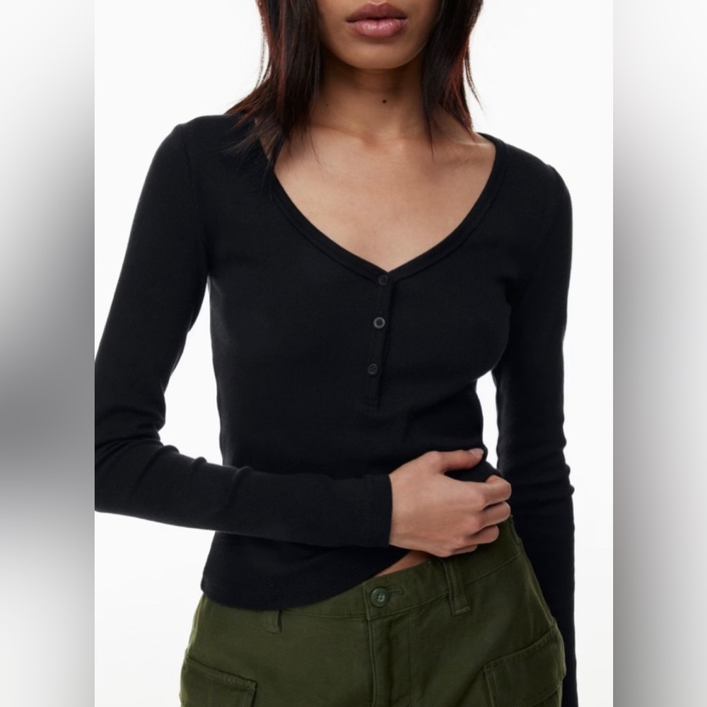 TNA Aritzia PINK HomeStretch Henley Waffle Knit Long Sleeve Crop Thermal Top Lrg - Picture 2 of 10